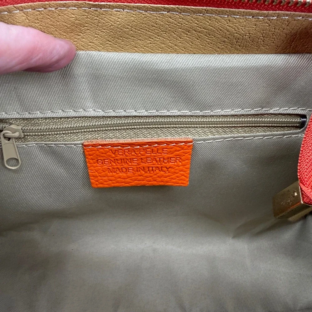Vera Pelle Burnt Orange Pebbled Leather Satchel Crossbody Bag Made‎ in Italy